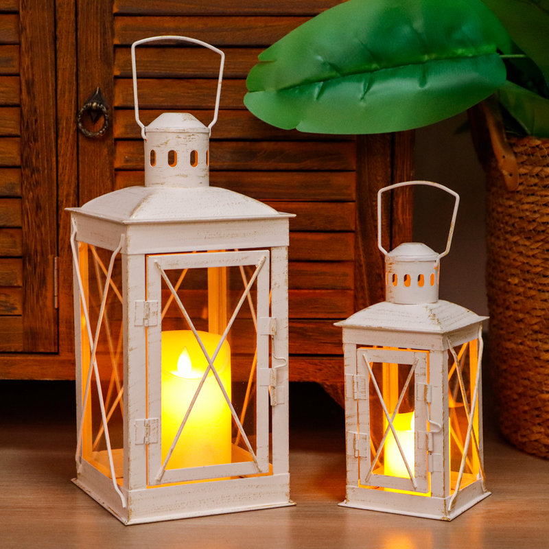 Set of 2 Decorative Candle Lantern 12'' & 8'' High Metal, White