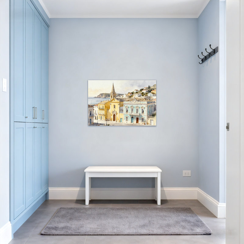 Paysages côtiers pittoresques et urbains avec une église et des bâtiments colorés, H 16 po x l 24 po