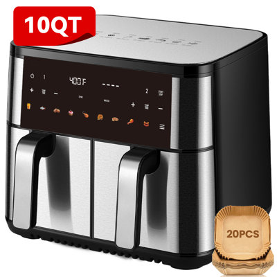 Grande friteuse à air double améliorée de 10 pte, écran tactile numérique, fonction de cuisson et de finition Smart Sync pour frire à l'air, réchauffer, cuire, paniers doubles pour les repas frais, collation pour la famille et les enfants
