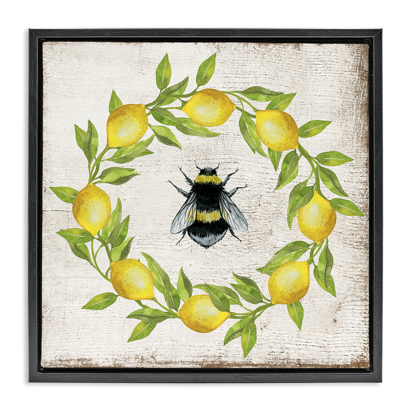  «Lemon & Bee Wreath», art mural encadré flottant par Creatif Belle, Cadre flottant noir de jais, H 18 po x l 18 po