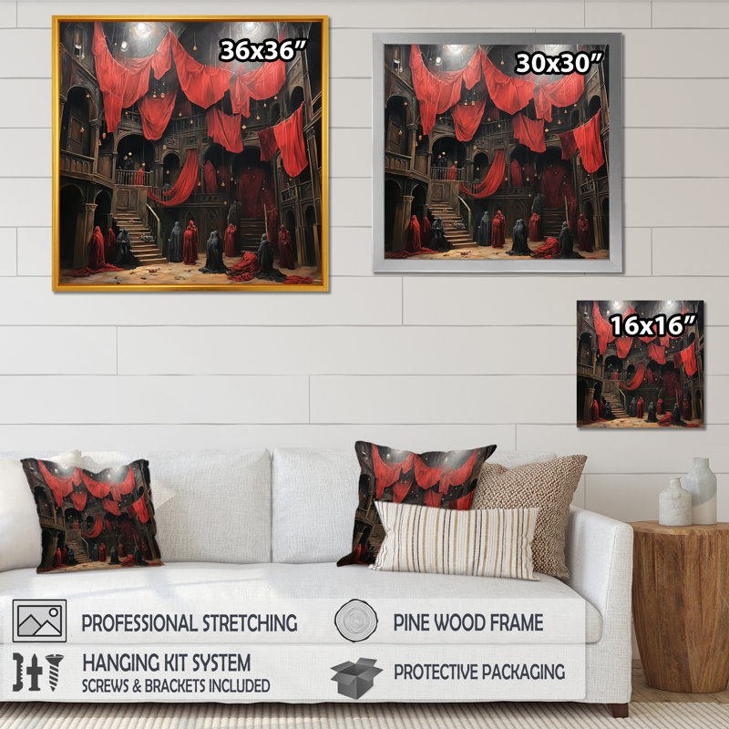 Rouge et noir, théâtre dramatique expressionniste - art mural de théâtre, H 36 po x l 36 po