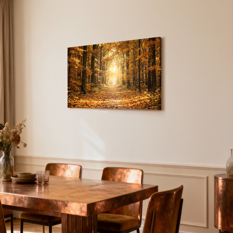 Ensemble de 1 tableau sur toile tendue représentant un chemin forestier d'automne, H 32 po x l 48 po