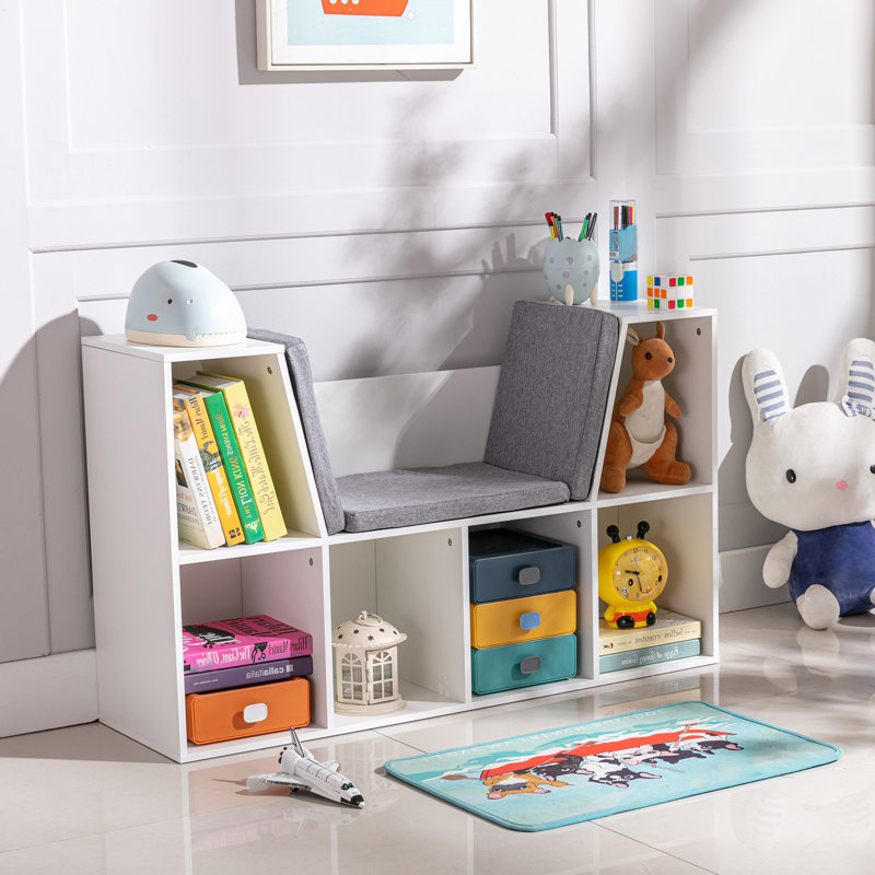 Bibliothèque pour 6 enfants avec coin lecture et coussin, rangement polyvalent pour la chambre à coucher, le salon, Pure