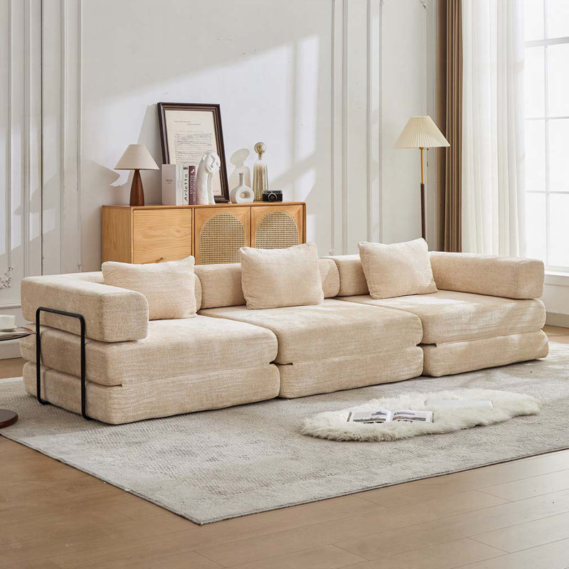 Canapé convertible à 3 places avec structure fixe et sans assemblage requis., Beige
