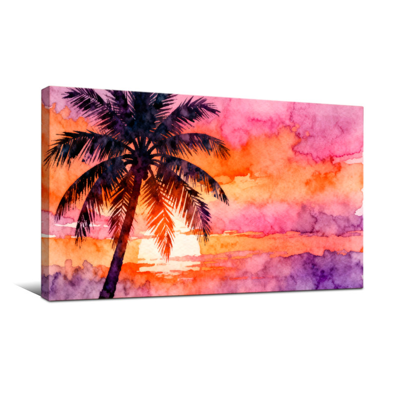 «Plants & Flowers Palm Tree Sunset», reproduction d'art à l'aquarelle, H 24 po x l 48 po