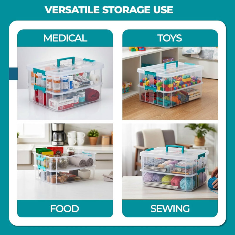 2-Layer Stackable Clear Craft File Box with Handle for Art Supply Storage 14x10x7 Inch