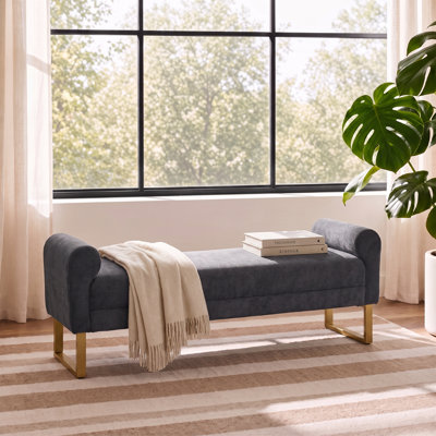 Banc de repose-pieds 65 po, banc en chenille pour chambre à coucher, banc de bout de lit rembourré et pieds dorés, bancs de chambre à coucher avec accoudoirs pour fenêtre de salon et entrée