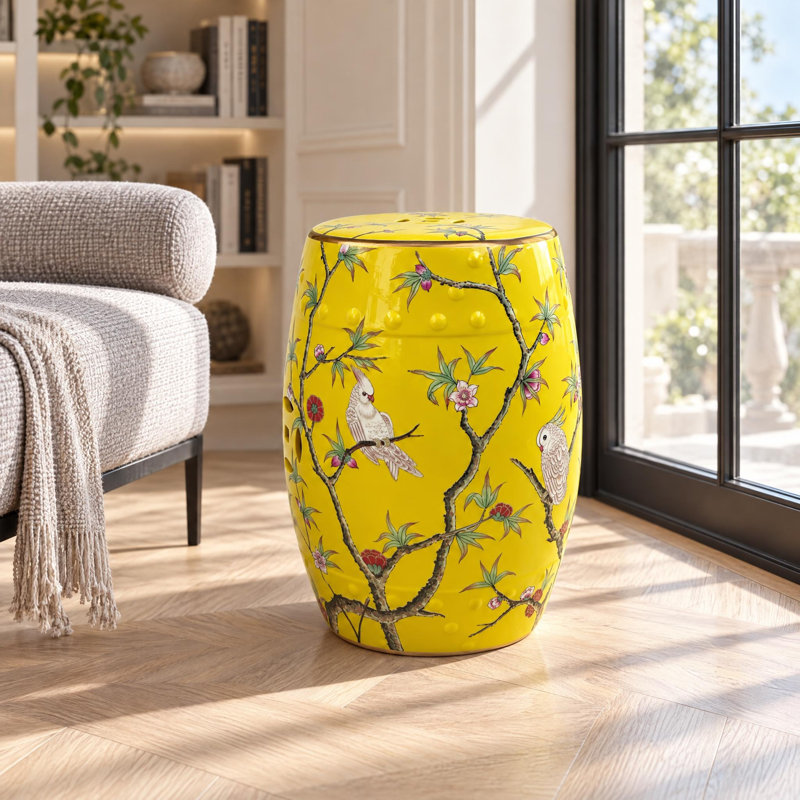 Tabouret en céramique fleur et oiseau