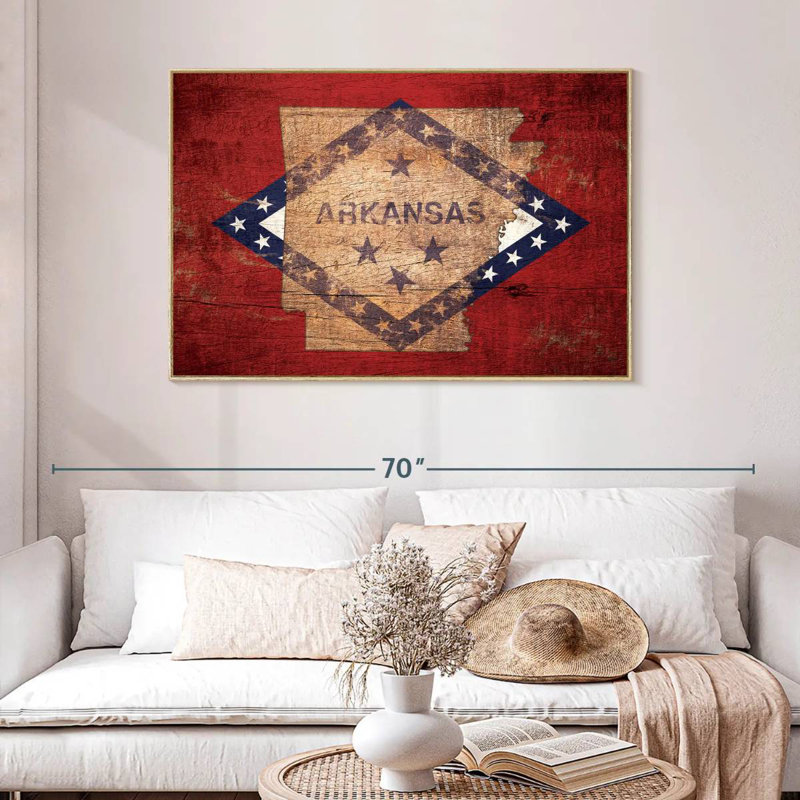 Carte d'État sur le drapeau de l'Arkansas, Cadre flottant en bois naturel, 46 po x 31 po
