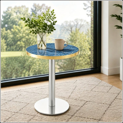 Comptoir rond en bois aggloméré de 23,6 po peint aux rayons UV avec bordure en acier inoxydable, pieds en métal, table basse de luxe moderne et légère