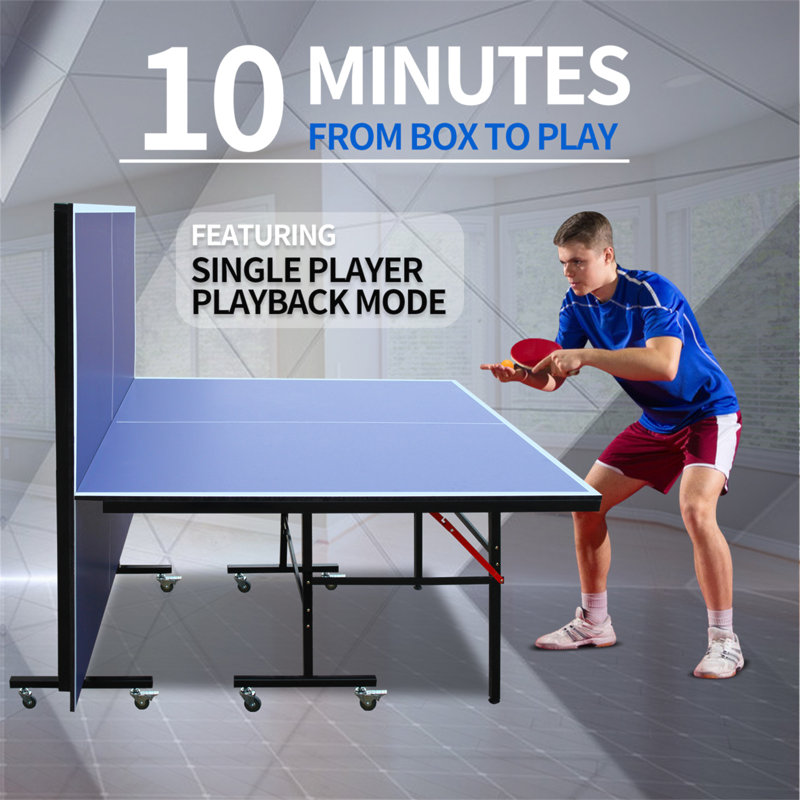 8Ft Mid-Size Table Tennis Table Foldable & Portable Ping Pong Table Set For Indoor Games With Net, 2 Table Tennis Paddles And 3 Balls
