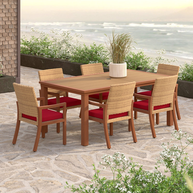 Sehrish 6 Piece Sunbrella Dining Chairs With Cushion In Sunset, Canvas Jockey Red Sunbrella® Canvas