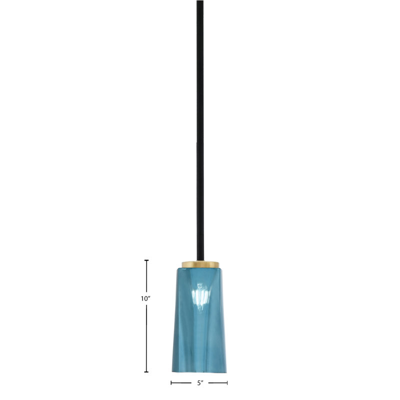 Mini suspension Andice Stem présentée en finition noir mat et laiton New Age, avec un verre dégradé bleu de 12,7 cm de largeur x 24,8 cm de hauteur.