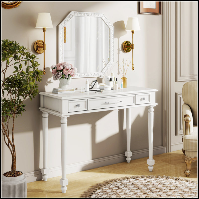 Bureau de maquillage rétro avec grand miroir, coiffeuse à 3 tiroirs pour le rangement des bijoux, console élégante pour la chambre à coucher et le salon