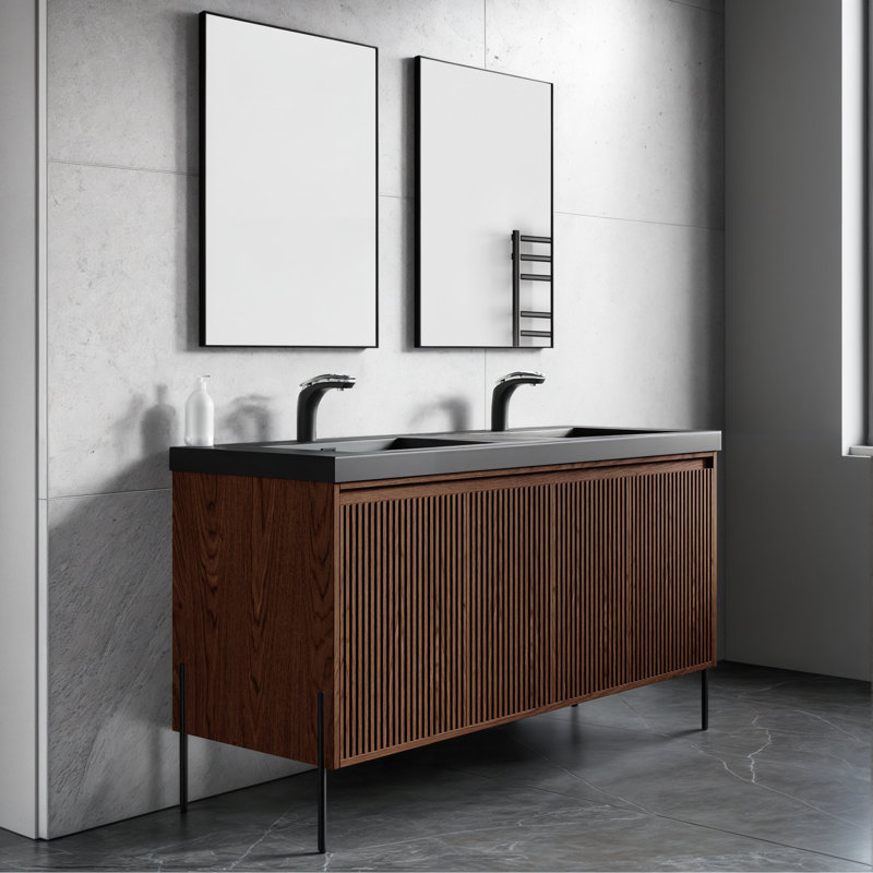 Meuble-lavabo double 61 po avec plateau en résine Kinser, Noyer, Noir
