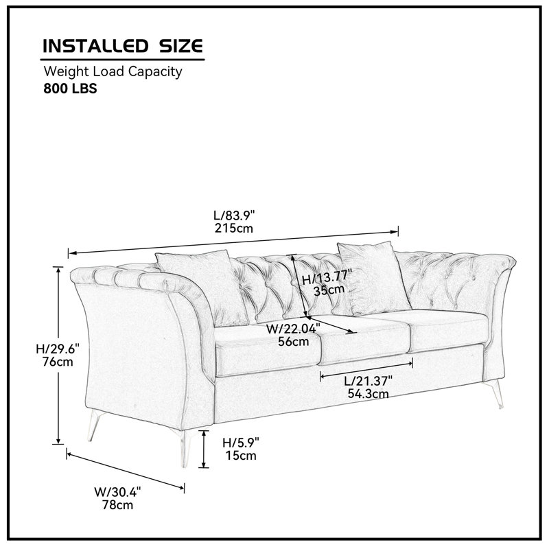 Canapé Chesterfield 83,9 po à accoudoirs évasés, Velours beige