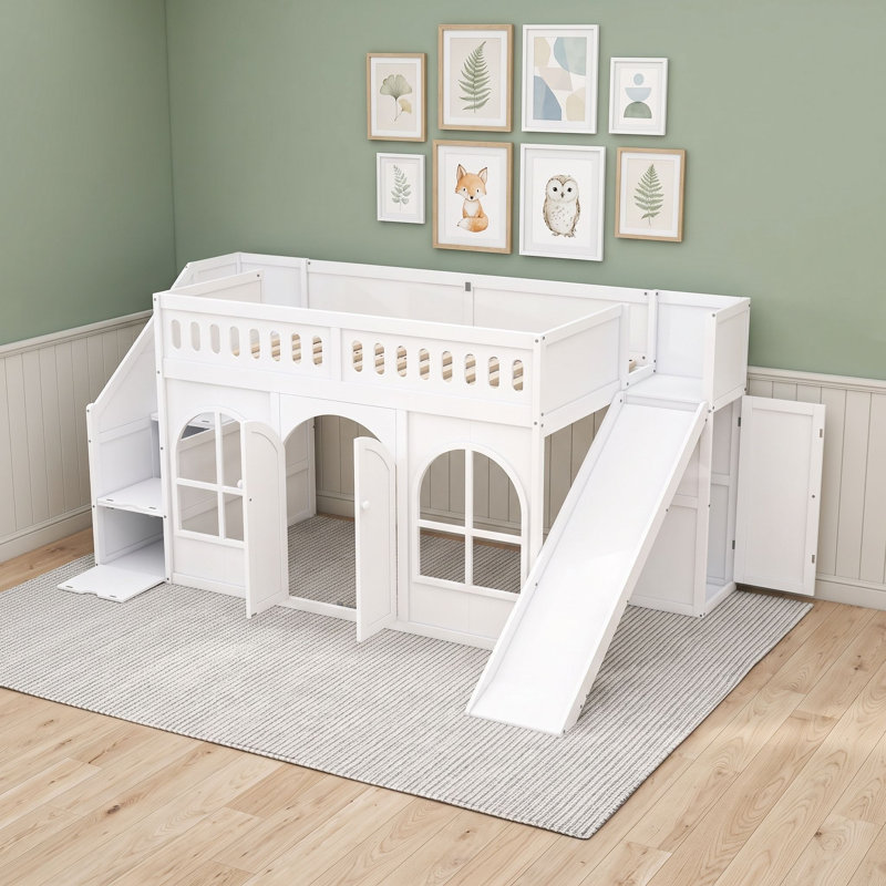 Lit mezzanine en bois avec escalier de rangement, garde-robe et glissade, Lit simple, Blanc