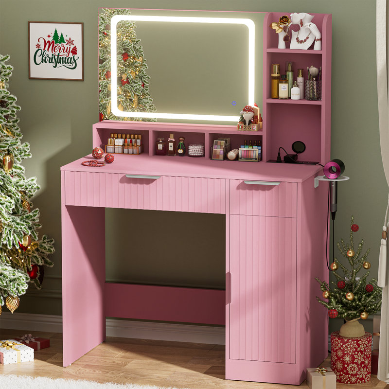  Makeup Vanity Desk With Mirror, Lights And Charging Station, Pink