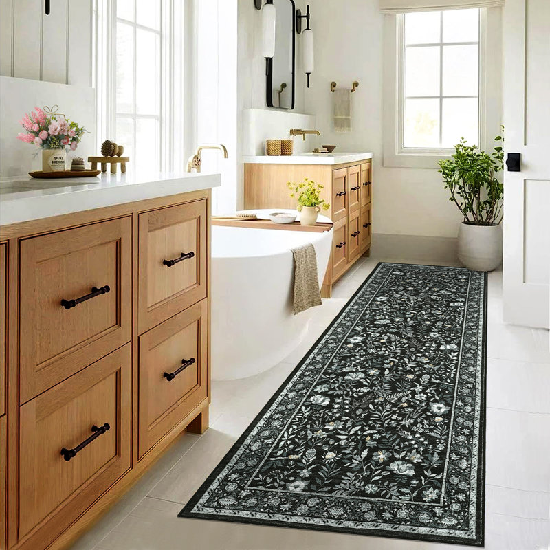 Washable Runner Rug 2x6 Moden Floral Entryway Runner with Non Slip Rubber Backing, Farmhouse Botanical Hallway Rug, Low Pile Thin Foldable Printed Mat, Soft Non Shedding Carpet, Black