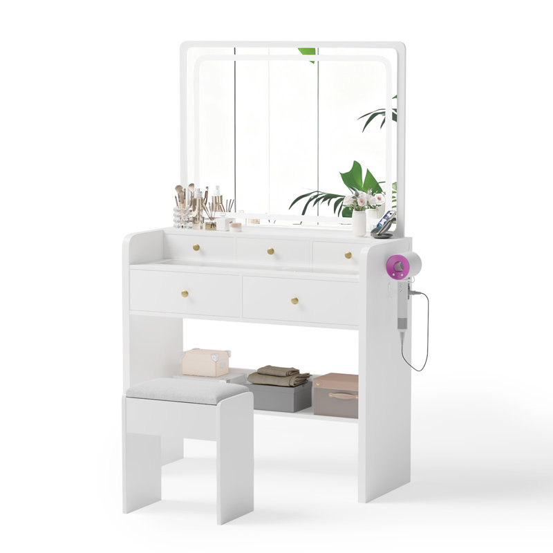 Grand meuble-lavabo de maquillage avec miroir DEL, bureau de meuble-lavabo à plateau en verre avec 5 tiroirs et tabouret, éclairage 3 couleurs, prise de courant intégrée et ports USB, blanc