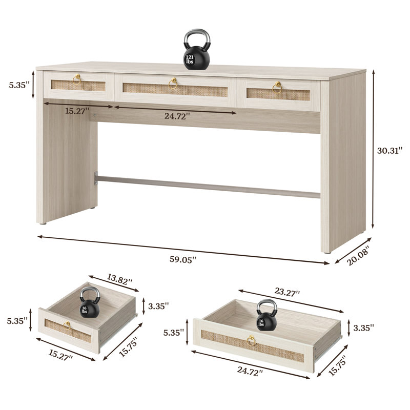 Bureau de rangement à 3 tiroirs Pomodoro Boho, Chêne blanc crème, 1 pièce