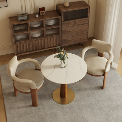 33" Round Dining Table with Marble-Style Top and Gold Pedestal Base — Modern Chic for Small Spaces