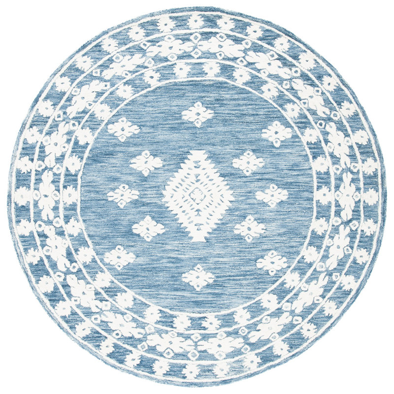 Hand Tufted Wool/Cotton Southwestern Rug in Blue, Round 7'