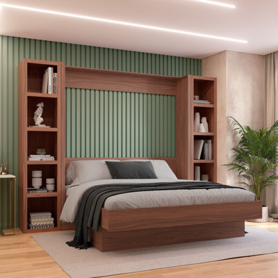 Lit escamotable Easy-Lift en grain de bois avec deux étagères