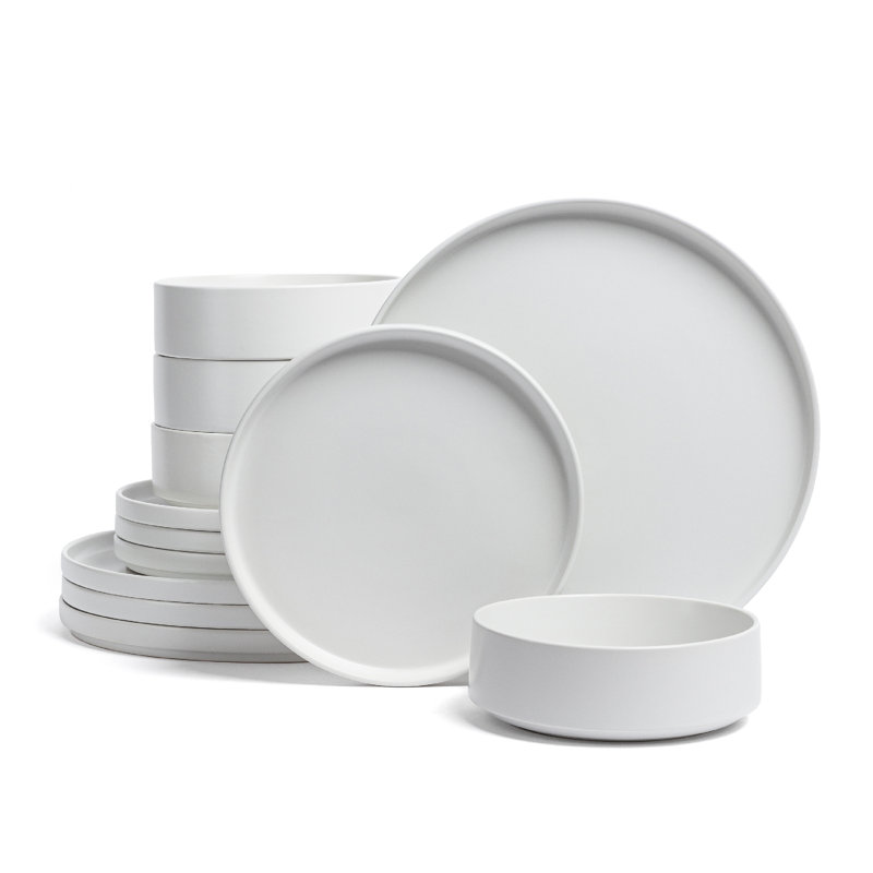 over&back Stackable 12-Piece Semi Hand-Finished Stoneware Dinnerware Set, White