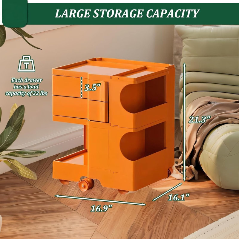 Table de chevet mobile 360 ° avec 2 tiroirs coulissants, Orange