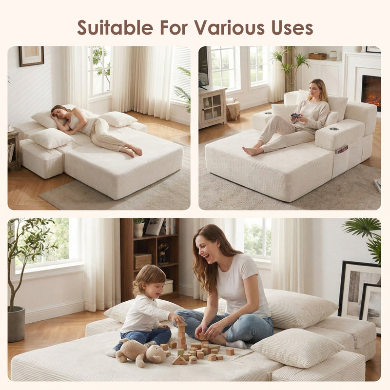 Fauteuil à billes surdimensionné, méridienne convertible avec housse en velours côtelé moelleux, canapé en mousse à haute densité, fauteuil à billes avec 3 coussins et pochette de rangement pour le salon, la chambre à coucher et les petits espaces
