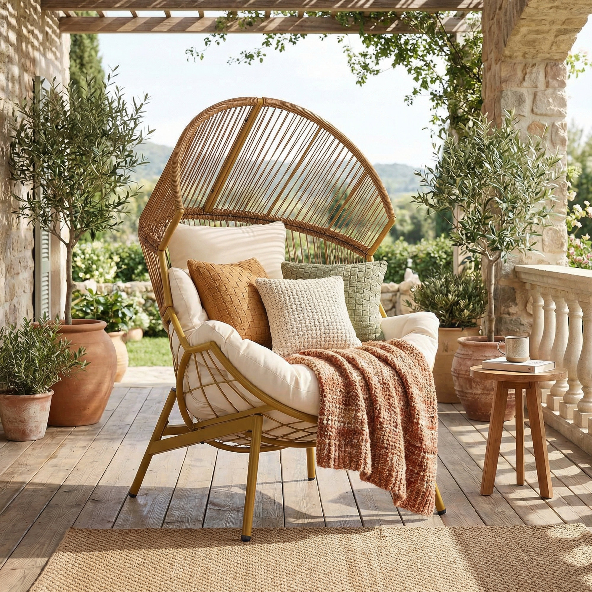 Outdoor & Indoor Wicker Egg Chair With Thick Cushion, Natural/Gold, Beige