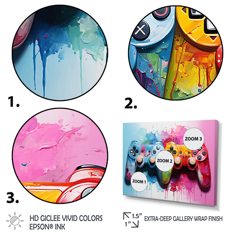 «Pink and Blue Ps Video Game Controllers», art mural jeux vidéo, Cadre d'angle fermé noir, H 30 po x l 40 po x P 1,5 po