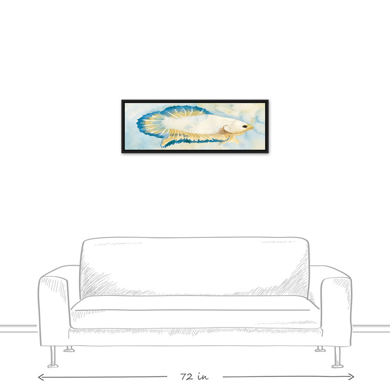 " White And Blue Fish ", 13.75" H x 37.75" W x 1.75" D, Black Floater Frame