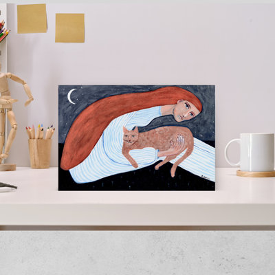 Cat Lover Sitting Under The Stars And Moon - Ginger Cat by Sharyn Bursic - Wrapped Canvas Print