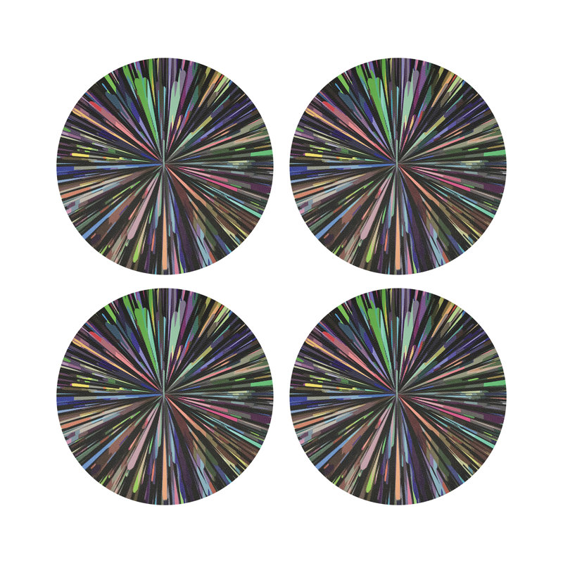 Fireworks Black Vegan Leather Round Coasters, Black