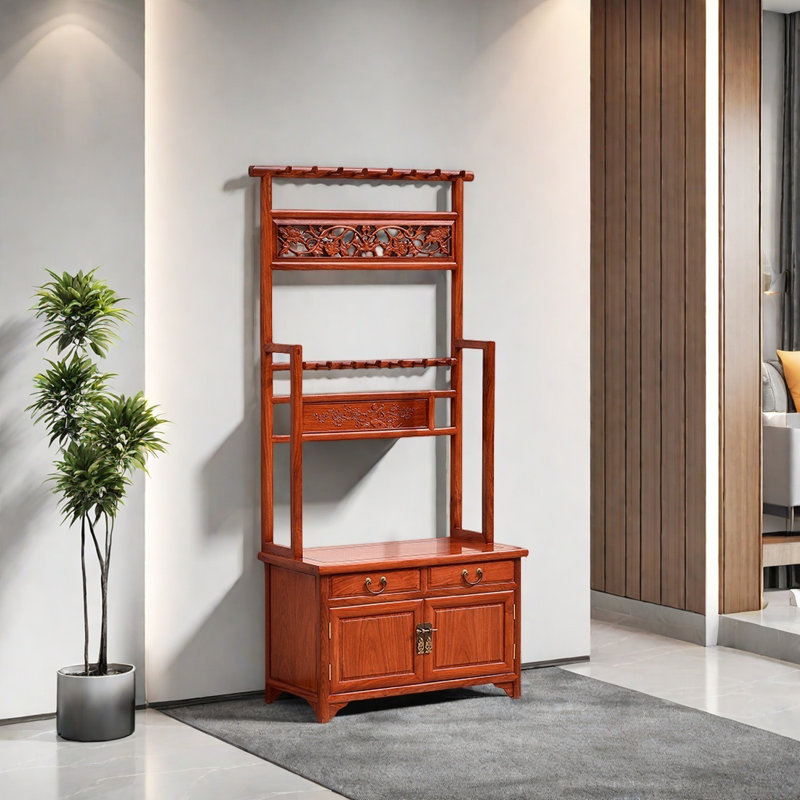 Sleek Coat Rack Dual Rods Drawers Large Storage, Reddish Brown
