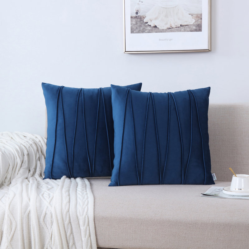 Housse de coussin plissée carrée en velours de polyester, Bleu marine, H 24 po x l 24 po