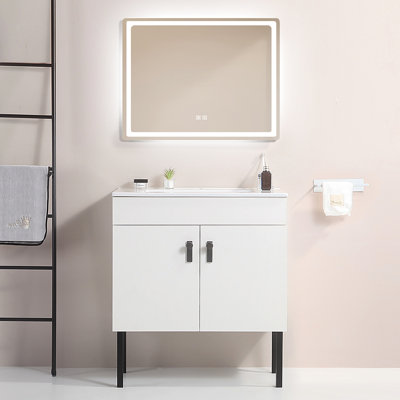 Meuble-lavabo de 30 po avec pieds en métal, avec cuve en céramique blanche, deux portes d'armoire à fermeture en douceur, bois massif, sans les robinets, blanc