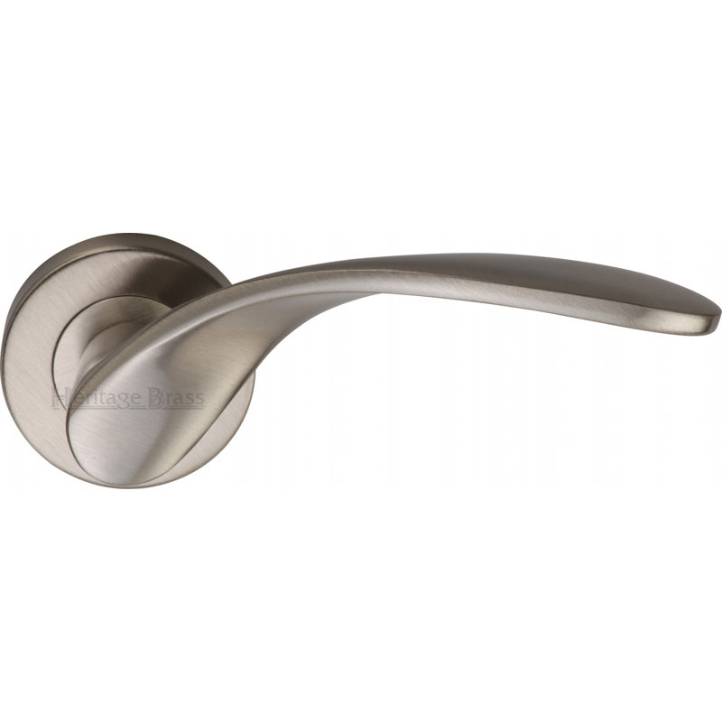 Heritage Brass Door Handle Lever Latch on Round Rose Volo Design, Satin Nickel