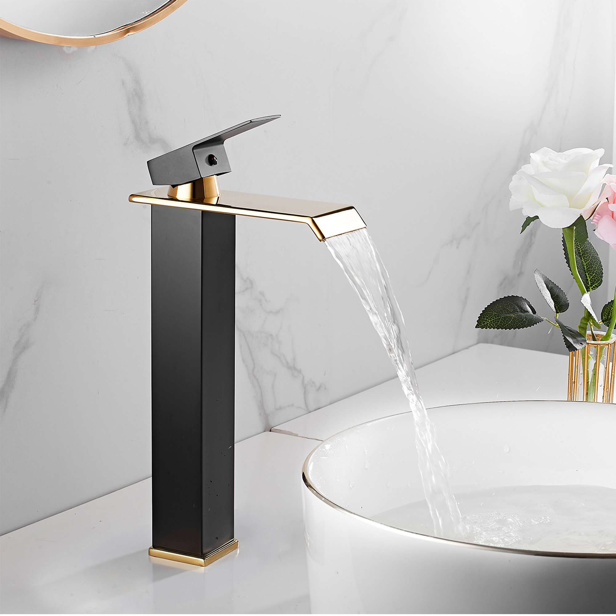 YCCUZA Waterfall Vessel Sink Faucet One Hole Bathroom Faucet with Drain ...