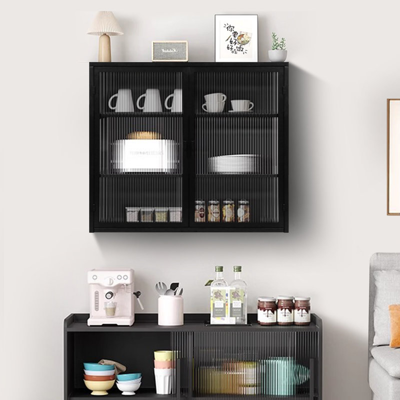 Rielley 27.56" Glass Doors Modern Two-Door Wall Cabinet With Featuring Three-Tier Storage, Black