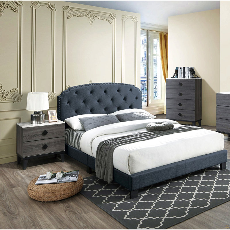 Grand lit 1pc garniture cloutée capitonnée, Gris anthracite, Grand lit