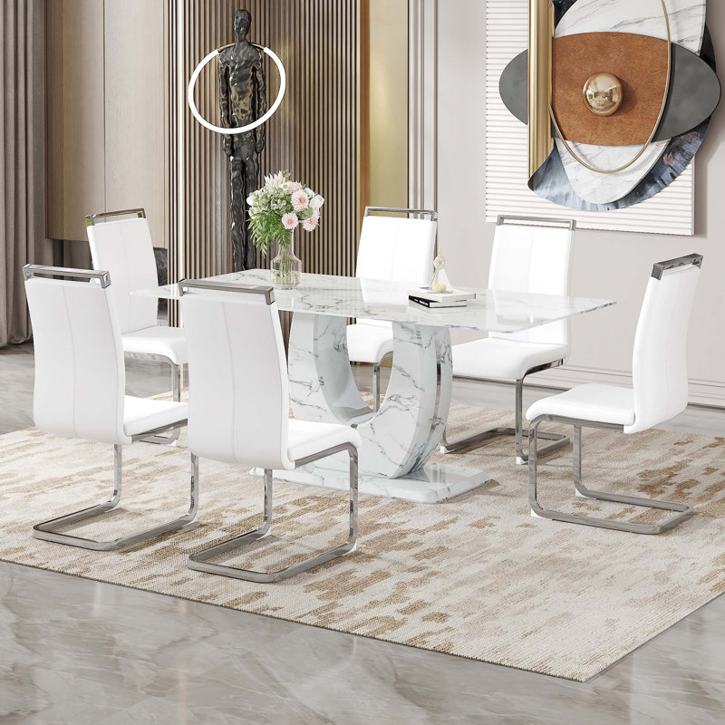 Ensemble de table et de chaises Motif marbré simple moderne, Blanc, 7, Blanc / argenté