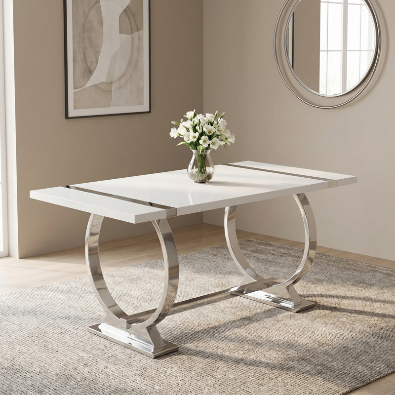 Table de salle à manger rectangulaire moderne avec base en acier inoxydable poli, H 30 po x L 60 po x l 32 po, Blanc, Argent