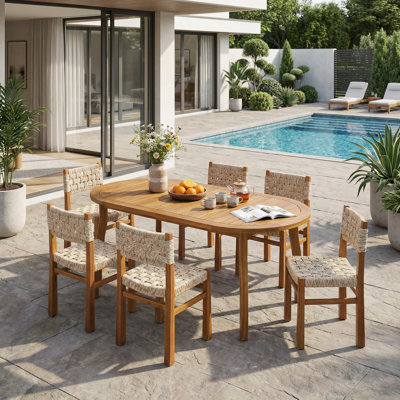 Hapeville Patio 6-Person Acacia Wood Dining Set With Woven Wicker & Slatted Tabletop