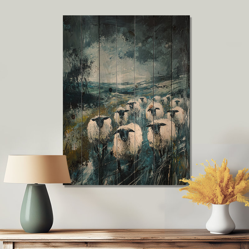 «Stormy Pasture Of Sheep IV» - Art mural en bois de mouton - sur bois de pin naturel, H 40 po x l 30 po x P 0,78 po