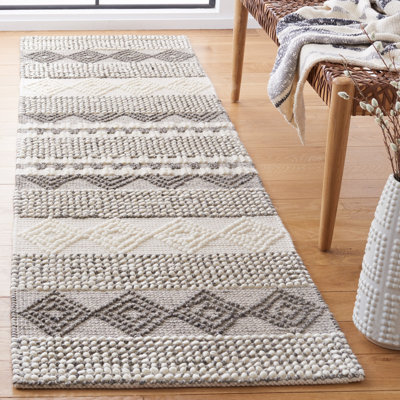 Tapis gris / ivoire en laine / coton tissé à la main à rayures Jacques