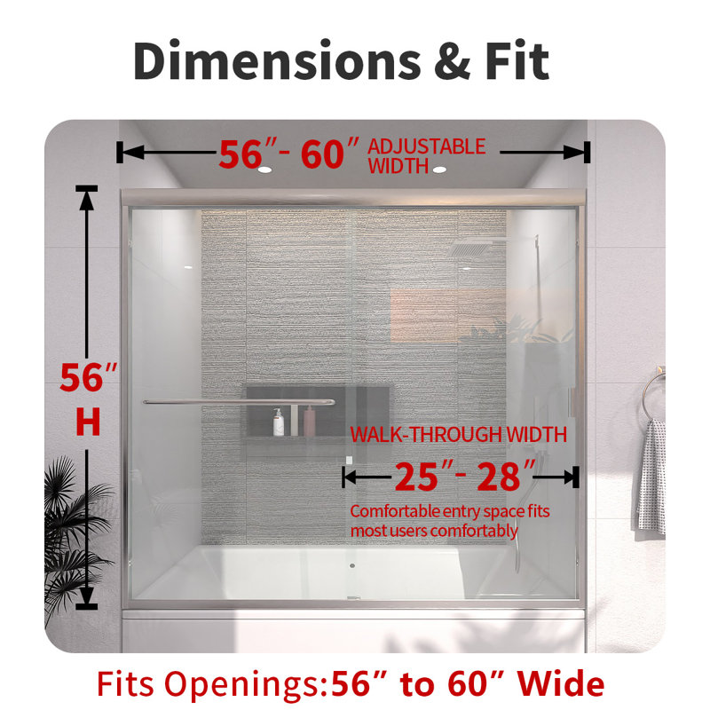 56-60" W x 56" H  Sliding Semi-Frameless Tub Door With Clear Glass And Handles, Brushed Nickel