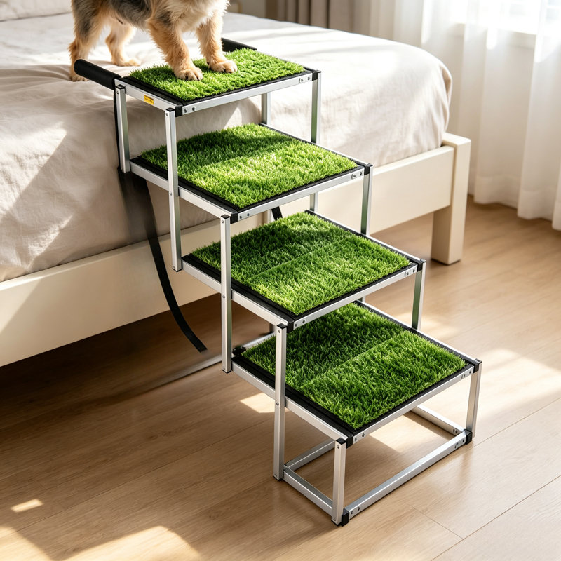 Escalier pliable en aluminium à 4 niveaux pour animaux de compagnie, rampe d'accès robuste et portable pour chiens avec surface antidérapante en gazon artificiel et rampes latérales pour lits hauts, voitures, VUS et camions